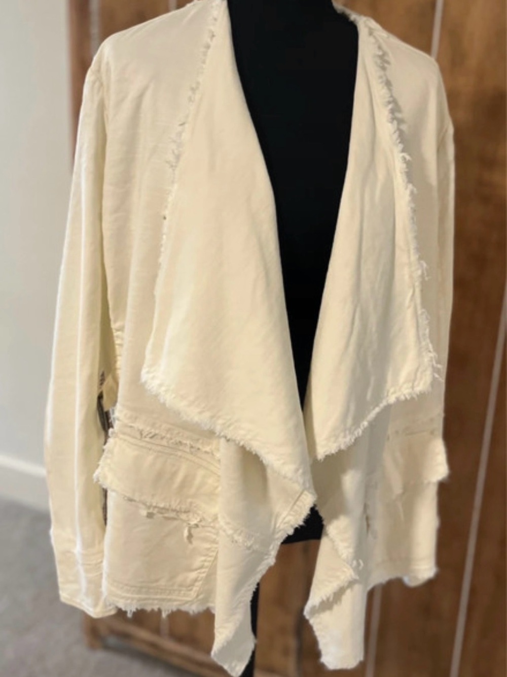 Free People Cream Frayed Open-Front Cardigan